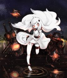 Rule 34 | 10s, 1girl, abyssal ship, bad id, bad pixiv id, city, cityscape, dress, horns, kantai collection, long hair, machinery, mittens, night, night sky, northern ocean princess, ocean, panties, red eyes, reflection, shino tanuki, side-tie panties, sky, star (sky), star (symbol), starry sky, underwear, white dress, white hair