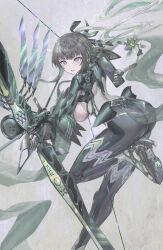 Rule 34 | 1girl, absurdres, arrow (projectile), ass, back, black hair, bow (weapon), breasts, compound bow, drawing bow, highres, holding, holding bow (weapon), holding weapon, large breasts, leg up, looking ahead, original, parted lips, purple eyes, science fiction, sideboob, solo, weapon, yoshimoto (dear life)