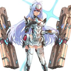Rule 34 | 1girl, android, bad id, bad twitter id, bare shoulders, blue hair, breasts, cyborg, elbow gloves, expressionless, forehead protector, gloves, goo goo789, gun, kos-mos, kos-mos re:, large breasts, leotard, long hair, looking at viewer, nintendo, red eyes, solo, standing, thighhighs, very long hair, weapon, weapong, white leotard, xenoblade chronicles (series), xenoblade chronicles 2, xenosaga