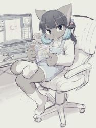 Rule 34 | 1girl, 3yo4yo5yo, animal ears, black hair, cat ears, chair, child, computer, crossed legs, desk, eating, female focus, food, food on face, furry, furry female, hair bobbles, hair ornament, headphones, headphones around neck, highres, looking at viewer, manga (object), monitor, mouth hold, office chair, original, overalls, socks, solo, swivel chair