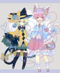Rule 34 | 2girls, :3, :o, animal ear fluff, animal ears, animal hat, arms at sides, basket, black headwear, black legwear, blouse, blue bow, blue flower, blue footwear, blue rose, blue shirt, bobby socks, bow, cat ears, cat hat, cat tail, closed mouth, commentary, eyebrows hidden by hair, fang, flower, food, frilled shirt collar, frilled skirt, frilled sleeves, frills, green eyes, green hair, green necktie, green skirt, grey background, grey hairband, hair between eyes, hair ornament, hair ribbon, hairband, hat, hat bow, hat flower, heart, heart hair ornament, heart of string, highres, holding, holding basket, jitome, kemonomimi mode, komeiji koishi, komeiji satori, letterboxed, long sleeves, looking at viewer, multiple girls, necktie, nikorashi-ka, open mouth, pink eyes, pink footwear, pink hair, pink skirt, red eyes, red necktie, ribbon, ribbon-trimmed skirt, ribbon trim, rose, shirt, shoes, short hair, siblings, simple background, sisters, skin fang, skirt, socks, standing, sweets, tail, tail bow, tail ornament, thighhighs, third eye, tongue, touhou, white legwear, white ribbon, wide sleeves, yellow bow, yellow shirt