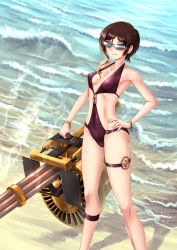 Rule 34 | 1girl, adsouto, black one-piece swimsuit, breasts, cleavage, coco adel, day, gatling gun, hand on own hip, highres, minigun, one-piece swimsuit, rwby, solo, standing, sunglasses, swimsuit, thigh strap, weapon
