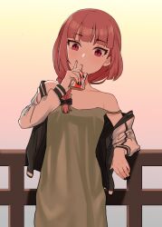 Rule 34 | 1girl, bare shoulders, black nails, bocchi the rock!, bow, braid, braided ponytail, breasts, brown hair, carton, closed mouth, dress, drinking, etsutsuni, fang, fang out, green dress, hair bow, hand up, highres, hiroi kikuri, jacket, long hair, looking at viewer, low ponytail, off shoulder, pinky out, purple eyes, railing, ringed eyes, sleeveless, small breasts, solo, strap slip, upper body, white jacket