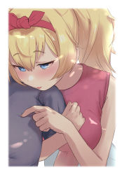 Rule 34 | 1boy, 1girl, :3, alternate costume, arm hug, black shirt, blue eyes, blush, border, breasts, commentary request, gambier bay (kancolle), hair between eyes, hairband, hetero, highres, kantai collection, large breasts, long hair, parted lips, pink hairband, pink shirt, sakieko, shirt, simple background, twintails, upper body, white background, white border