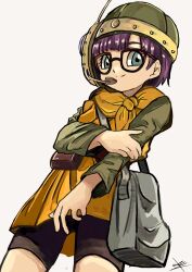 Rule 34 | 1girl, belt, bike shorts, blue eyes, chrono trigger, closed mouth, glasses, helmet, highres, looking at viewer, lucca ashtear, mazu (mz43033458), purple hair, scarf, short hair, simple background, smile, solo, white background