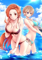Rule 34 | 2girls, bad id, bad pixiv id, bikini, black bikini, blue bikini, blue eyes, blue sky, bracelet, breasts, brown hair, cleavage, cloud, cowboy shot, day, front-tie top, gluteal fold, highres, jewelry, large breasts, lens flare, long hair, multiple girls, original, outdoors, red eyes, shi-2, short hair, side-tie bikini bottom, sky, standing, swimsuit, thigh gap, wading, water