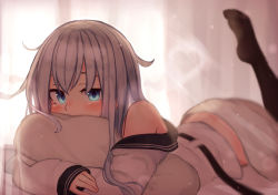 Rule 34 | 1girl, black thighhighs, blanket, blue eyes, blush, hibiki (kancolle), holding, holding pillow, kantai collection, leg up, long hair, long sleeves, lying, off shoulder, on stomach, pillow, reitou mikan, sailor collar, silver hair, solo, thighhighs, verniy (kancolle)