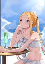 Rule 34 | 1girl, abigail williams (fate), abigail williams (swimsuit foreigner) (fate), abigail williams (swimsuit foreigner) (third ascension) (fate), absurdres, bare shoulders, bikini, blonde hair, blue eyes, blue sky, braid, breasts, crown braid, cup, drinking glass, fate/grand order, fate (series), forehead, highres, long hair, miniskirt, navel, parted bangs, pillow (blackpirou), sidelocks, sitting, skirt, sky, small breasts, smile, solo, swimsuit, table, twintails, very long hair, white bikini