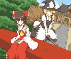Rule 34 | 2girls, any (artist), any (lucky denver mint), blonde hair, bow, braid, broom, broom riding, brown eyes, brown hair, detached sleeves, drink, closed eyes, female focus, grin, hakurei reimu, happy, hat, japanese clothes, kirisame marisa, miko, multiple girls, short hair, shrine, sitting, sitting on object, smile, stone lantern, tea, torii, touhou, witch, witch hat