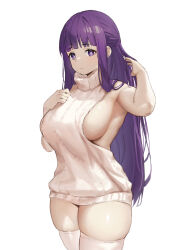 Rule 34 | 1girl, adjusting hair, arm up, armpits, blunt bangs, breasts, closed mouth, desperate airpo, expressionless, fern (sousou no frieren), highres, large breasts, long hair, meme attire, naked sweater, purple eyes, purple hair, sideboob, simple background, skindentation, solo, sousou no frieren, sweater, thighhighs, thighs, turtleneck, turtleneck sweater, very long hair, virgin killer sweater, white background, white thighhighs