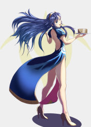 Rule 34 | 1girl, :d, backless dress, backless outfit, black dress, blue dress, blue eyes, blue hair, china dress, chinese clothes, dress, fire emblem, fire emblem awakening, floating hair, from side, full body, grey background, hairband, head tilt, high heels, highres, holding, holding plate, long hair, looking at viewer, lucina (fire emblem), nintendo, open mouth, plate, pumps, short sleeves, shoulder blades, side slit, simple background, smile, solo, standing, sukkirito (rangusan), very long hair, yellow hairband