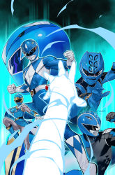 Rule 34 | 1girl, 4boys, absurdres, blue bodysuit, blue dress, blue footwear, blue ranger, bodysuit, boots, character request, clenched hands, comic cover, commentary, cover, cover page, dan mora, dress, english commentary, fighting stance, gloves, helmet, highres, horns, looking to the side, mighty morphin power rangers, multiple boys, official art, open hand, power rangers, single horn, tokusatsu, white gloves