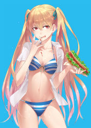 Rule 34 | 1girl, :p, bikini, blonde hair, blue background, blue nails, breasts, churayuki, cleavage, cowboy shot, food, highres, hot dog, ketchup, licking lips, long hair, nail polish, navel, original, red eyes, simple background, smile, solo, swimsuit, tongue, tongue out, twintails, wet