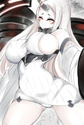 Rule 34 | 10s, 1girl, abyssal ship, bare shoulders, blush, breasts, detached sleeves, dress, highres, kantai collection, large breasts, long hair, ribbed dress, seaport princess, short dress, sideboob, solo, suiren (mystia6b), very long hair, white hair, yellow eyes