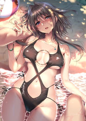 Rule 34 | 1girl, amakano, arm grab, azarashi soft, beach, black one-piece swimsuit, blue eyes, breasts, brown hair, commentary request, cowboy shot, fingernails, hair intakes, head tilt, highres, jewelry, kanbayashi mizuki, large breasts, long fingernails, lying, mole, mole under eye, navel, necklace, o-ring, o-ring swimsuit, on back, one-piece swimsuit, out of frame, outdoors, partially submerged, piromizu, short hair, short hair with long locks, side-tie swimsuit, solo focus, swimsuit, water, wet, wet hair