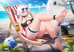 Rule 34 | 1girl, ass, azur lane, ball, bare shoulders, barefoot, beach, beachball, bikini, black bikini, boat, breasts, bridal garter, chair, cleavage, cup, day, eyewear on head, feet, flower, halterneck, heart, heart-shaped eyewear, highres, holding, large breasts, leg strap, leg up, looking at viewer, lounge chair, ocean, outdoors, recording, red eyes, sailboat, scrunchie, short hair, sirius (azur lane), sirius (scorching-hot seirios) (azur lane), soles, solo, stardust (chen&#039;ai weiding), sunglasses, surfboard, swimsuit, television, thigh strap, thighs, toes, tongue, tongue out, viewfinder, water, watercraft, wet, wet clothes, wet swimsuit, white flower, white hair, wrist scrunchie