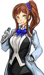 Rule 34 | 1girl, blue bow, blush, bow, bowtie, breasts, brown hair, character request, copyright request, female focus, gloves, green eyes, hand on own hip, holding, large breasts, long hair, microphone, ponytail, sachito, smile, solo, white gloves