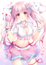 Rule 34 | 1girl, :o, blush, breasts, cherry, cherry blossoms, chestnut mouth, cleavage, cleavage cutout, clothing cutout, cowboy shot, crop top, cup, food, frilled skirt, frilled sleeves, frills, fruit, gradient background, hair ribbon, hands up, highres, holding, holding cup, ice, ice cream, ice cube, kohinata hoshimi, long hair, looking at viewer, medium breasts, miniskirt, navel, open mouth, original, petals, pink hair, pink ribbon, pink skirt, pink theme, purple eyes, ribbon, short sleeves, sidelocks, skirt, solo, stomach, thigh strap, twintails, very long hair, w arms, white background, white ribbon, wrist cuffs