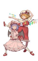 Rule 34 | 2girls, absurdres, ascot, bat wings, blonde hair, bow, commentary, crystal wings, dated, flandre scarlet, full body, hat, hat bow, highres, hua ha jiazi, mob cap, multiple girls, pink shirt, pink skirt, purple hair, red bow, red eyes, red footwear, red skirt, red vest, remilia scarlet, shirt, short hair, short sleeves, siblings, simple background, sisters, skirt, symbol-only commentary, touhou, vest, white background, wings, yellow ascot