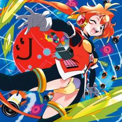 Rule 34 | 1girl, araizumi rui, cd, cd, flying, gloves, lina inverse, long hair, lowres, official art, one eye closed, open mouth, outstretched arms, ponytail, red hair, robot ears, rocket, short sleeves, sky, slayers, smiley face, solo, very long hair, white gloves
