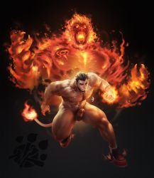 Rule 34 | 1boy, 6suan, abs, alca (wakatanka4), alca the lion, animal ears, bara, beard, black hair, chest tattoo, commission, completely nude, erection, excessive pubic hair, facial hair, fighting stance, flaming hand, full body, highres, jewelry, jockstrap, large pectorals, lion boy, lion ears, lion tail, looking at viewer, male focus, male pubic hair, male underwear, mature male, muscular, muscular male, navel, navel hair, necklace, nipples, no pants, nude, original, pectorals, penis, pubic hair, red eyes, running, shoes, short hair, sneakers, solo focus, spirit, stomach, tail, tattoo, thick eyebrows, thick thighs, thighs, uncensored, underwear