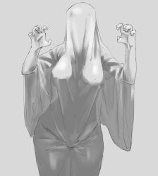 Rule 34 | 1girl, absurdres, breasts, covered face, cowboy shot, grey background, grey theme, greyscale, hands up, highres, kida eve, large breasts, monochrome, original, simple background, solo, wide sleeves