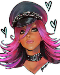 Rule 34 | black hat, final fight, glitter, hair between eyes, hat, highres, lipstick, makeup, peaked cap, pink hair, poison (final fight), portrait, realistic, simple background, solo, sozomaika, white background