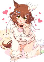 1girl :d animal_ears aston_machan_(everlasting_candy)_(umamusume) aston_machan_(umamusume) brown_hair crown ear_covers green_eyes heart highres horse_ears horse_girl horse_tail kamuraaa_615 kneeling looking_at_viewer official_alternate_costume open_mouth short_hair simple_background single_ear_cover skirt smile solo tail thighhighs thighs umamusume white_background white_skirt white_thighhighs