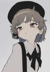 Rule 34 | 1girl, :o, beret, black bow, black hat, blush, bow, brown eyes, brown hair, collared shirt, eyebrows hidden by hair, grey background, hat, hatoba tsugu, highres, looking away, looking to the side, mole, mole under eye, parted lips, sha2mo, shirt, simple background, solo, suspenders, virtual youtuber, white shirt