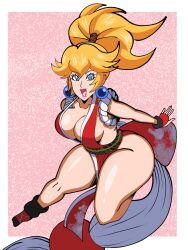 Rule 34 | 1girl, blonde hair, blue eyes, breasts, cleavage, cosplay, fatal fury, feet, fingerless gloves, gloves, highres, japanese clothes, large breasts, legs, looking at viewer, mario (series), nintendo, open mouth, ponytail, princess, princess peach, shingattai, shiranui mai, smile, snk, solo, the king of fighters, the king of fighters xv, thick thighs, thighs