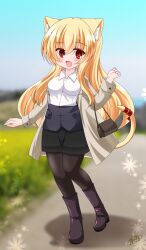 Rule 34 | 1girl, :d, animal ears, bag, black pantyhose, black shorts, blonde hair, blue sky, blush, boots, breasts, brown jacket, cat ears, cat girl, cat tail, collared shirt, commentary request, day, dress shirt, fang, hair between eyes, hand up, handbag, highres, jacket, kanijiru, long hair, looking at viewer, medium breasts, open clothes, open jacket, open mouth, original, outdoors, pantyhose, pantyhose under shorts, purple footwear, red eyes, red ribbon, ribbon, shirt, shorts, shoulder bag, sky, smile, solo, tail, tail raised, very long hair, white shirt