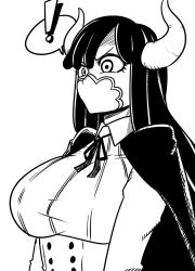 Rule 34 | !, 1girl, breasts, cape, commentary request, female focus, greyscale, hair between eyes, horns, korean commentary, large breasts, long hair, mask, monochrome, mouth mask, mu (arone5023), one piece, simple background, solo, speech bubble, spoken exclamation mark, surprised, ulti (one piece), upper body, white background