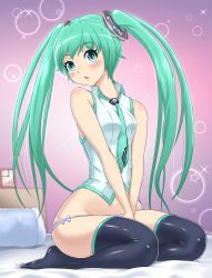Rule 34 | 1girl, ao no mi, bed, blue panties, blush, clock, green eyes, green hair, hatsune miku, highres, long hair, lowleg, lowleg panties, matching hair/eyes, necktie, no pants, panties, seiza, sitting, solo, thighhighs, twintails, underwear, vocaloid