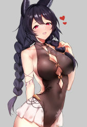 Rule 34 | 1girl, animal ears, bare shoulders, black hair, black one-piece swimsuit, blush, braid, breasts, collarbone, covered navel, erune, granblue fantasy, grey background, hair between eyes, heart, highleg, highleg swimsuit, highres, large breasts, long hair, looking at viewer, nier (granblue fantasy), nier (lover by the lily lake) (granblue fantasy), one-piece swimsuit, open mouth, red eyes, remora180, sidelocks, simple background, smile, solo, swimsuit, twin braids