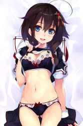 Rule 34 | 1girl, absurdres, ahoge, arm at side, bed sheet, black bra, black gloves, black panties, black skirt, blouse, blue eyes, bow, bow bra, bow panties, bra, braid, breasts, brown hair, censored, clothes lift, collarbone, dakimakura (medium), fingerless gloves, from above, gloves, groin, hair flaps, hair ornament, hand up, highres, huge filesize, kantai collection, lace, lace-trimmed bra, lace-trimmed panties, lace trim, long hair, looking at viewer, lying, medium breasts, navel, no pants, on back, open clothes, open mouth, panties, pleated skirt, ribbon-trimmed bra, ribbon-trimmed panties, sailor collar, shigure (kancolle), shigure kai ni (kancolle), shirokitsune, shirt, shirt lift, short sleeves, sidelocks, single braid, skirt, skirt around one leg, unworn skirt, smile, solo, stomach, underwear, underwear only