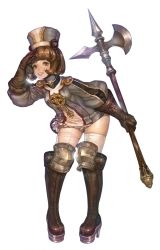 Rule 34 | 1girl, boots, brown hair, halberd, klaipeda soldier, knee boots, maggi, official art, pigeon-toed, polearm, smile, thighhighs, thighs, tree of savior, weapon