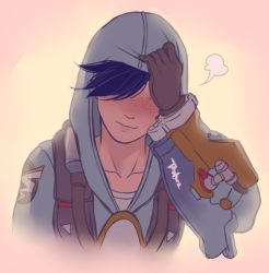 Rule 34 | 1girl, blue hair, chest harness, collarbone, covered eyes, gloves, graffiti tracer, harness, hood, hoodie, murasaki-yuri, overwatch, overwatch 1, smile, solo, tracer (overwatch), vest