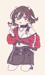 Rule 34 | 1girl, alternate costume, belt, black hair, candy, choker, clothes writing, clothing request, collar, contemporary, crop top, cropped jacket, cropped legs, dot nose, food, hand in pocket, highres, holding, holding candy, holding food, holding lollipop, horns, jacket, kijin seija, light blush, lollipop, long sleeves, looking at viewer, multicolored hair, navel, o-ring, o-ring choker, off shoulder, one-hour drawing challenge, open clothes, open jacket, partially unzipped, red eyes, red hair, red jacket, sakurasaka, simple background, skirt, slit pupils, solo, streaked hair, tongue, tongue out, touhou, white background