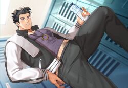 Rule 34 | 1boy, absurdres, animal ears, arkapami, bara, black hair, black jacket, black pants, black tank top, blush, bottle, covered erect nipples, dog boy, dog ears, highres, holding, holding bottle, jacket, jewelry, large pectorals, male focus, mikawa kuro, muscular, muscular male, necklace, open clothes, open jacket, paid reward available, pants, pectorals, short hair, smile, solo, tank top, teeth, towel, towel on one shoulder, uchitama?!, water bottle, white jacket