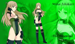 Rule 34 | 1girl, arm at side, breasts, brown eyes, character name, cleavage, clenched hand, english text, female focus, fingerless gloves, full body, gloves, green background, half updo, ishikari mina, leotard, light brown hair, long hair, looking at viewer, medium breasts, multiple views, ring dream, standing, strapless, strapless leotard