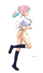 Rule 34 | 1girl, artist name, ass, blue hair, breasts, clenched hands, closed eyes, commentary, from side, full body, fundoshi, highres, hiyama yuu (wee259hiyama), hozuki kaede, japanese clothes, large breasts, light blue hair, long hair, mizu happi, multicolored hair, onii-chan wa oshimai!, open mouth, pink hair, rope, running, side ponytail, simple background, solo, thighs, two-tone hair, white background