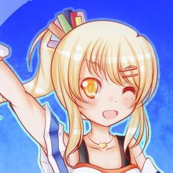 Rule 34 | 1girl, ;), arm up, artist name, artist request, back bow, bare shoulders, blonde hair, blue stripes, blue wristband, blush, bow, braid, breasts, brown eyes, cheerleader, collarbone, crop top, female focus, floating hair, french braid, hair between eyes, hair ornament, hair ribbon, hair tie, hairclip, hand up, heart, heart necklace, high ponytail, jewelry, long hair, looking at viewer, love live!, love live! nijigasaki high school idol club, love live! school idol festival, miyashita ai, necklace, off shoulder, one eye closed, orange eyes, orange shirt, parted lips, pom pom (cheerleading), ponytail, ribbon, saiko heart (love live!), scrunchie, shirt, short ponytail, side ponytail, single braid, single stripe, smile, solo, tank top, upper body, v-shaped eyebrows, wrist cuffs, wrist scrunchie, wristband, yellow eyes