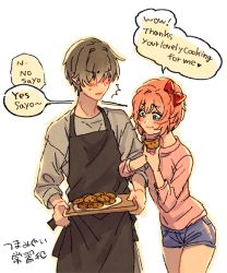 Rule 34 | 1boy, 1girl, :t, ^^^, apron, black apron, blue eyes, blue shorts, blush, bow, brown hair, casual, commentary, cookie, covered eyes, doki doki literature club, eating, english text, engrish text, food, grey shirt, hair bow, hair over eyes, holding, holding tray, long sleeves, pink hair, pink shirt, protagonist (doki doki literature club), ranguage, red bow, sayori (doki doki literature club), shirt, short hair, short shorts, shorts, simple background, smile, sora (efr), speech bubble, translated, tray, white background