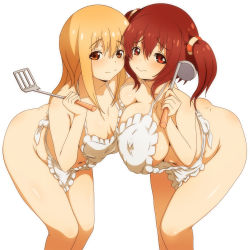 Rule 34 | 10s, 2girls, apron, ass, asymmetrical docking, bent over, blonde hair, blush, breast press, breasts, cleavage, closed mouth, collarbone, dimples of venus, doma umaru, ebina nana, covered erect nipples, frown, hair between eyes, hair ornament, hair ribbon, himouto! umaru-chan, holding, huge breasts, ladle, large breasts, long hair, looking at viewer, morokoshitaroh, multiple girls, naked apron, naked ribbon, navel, orange eyes, plump, red eyes, red hair, ribbon, short hair, short twintails, sideboob, sidelocks, simple background, spatula, standing, twintails, white background
