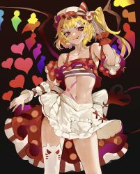 Rule 34 | 1girl, :p, bare shoulders, blonde hair, breasts, contrapposto, crystal, flandre scarlet, hat, highres, internet survivor, mob cap, nail polish, one side up, purple eyes, red nails, short hair, single thighhigh, small breasts, solo, thighhighs, tomatolover16, tongue, tongue out, touhou, v-shaped eyebrows, wings