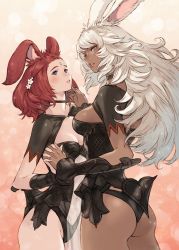 Rule 34 | 2girls, animal ears, ass, blue eyes, blush, breasts, choker, cleavage, cowboy shot, dark-skinned female, dark skin, final fantasy, final fantasy xiv, fingernails, floppy ears, flower, forehead jewel, gradient background, hair flower, hair ornament, hand on another&#039;s chin, highres, holding hands, leotard, long fingernails, long hair, looking at viewer, looking back, makimura shunsuke, medium breasts, messy hair, multiple girls, navel, orange background, parted lips, rabbit ears, red hair, revealing clothes, see-through, short hair, shrug (clothing), small breasts, standing, swept bangs, vambraces, viera, warrior of light (ff14), white hair, yellow eyes
