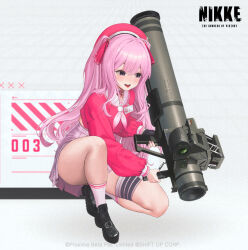 Rule 34 | 1girl, black footwear, black gloves, blush, copyright name, dramz, eyebrows hidden by hair, fingerless gloves, gloves, goddess of victory: nikke, hair ribbon, hat, high-waist skirt, highres, holding, holding rocket launcher, holding weapon, id card, long sleeves, mole, mole under mouth, neckerchief, official alternate costume, official art, on one knee, open mouth, pink hair, pink hat, pink shirt, pink skirt, plaid, plaid skirt, platform footwear, promotional art, puffy sleeves, ribbon, rocket launcher, sailor collar, shirt, single fingerless glove, single glove, skirt, socks, teeth, thighs, tongue, tongue out, upper teeth only, weapon, white sailor collar, white socks, xi xeong, yuni (nikke), yuni (pretty in pink) (nikke), zoom layer