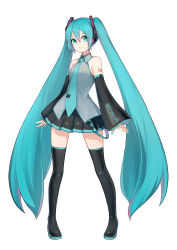 Rule 34 | 1girl, aqua eyes, aqua hair, aqua nails, aqua necktie, bare shoulders, belt, black skirt, black sleeves, black thighhighs, blouse, boots, commentary, contrapposto, derivative work, detached sleeves, full body, grey shirt, hair ornament, hatsune miku, headphones, headset, highres, long hair, looking at viewer, mamo (fortune-mm), miniskirt, nail polish, necktie, number tattoo, outstretched hand, pleated skirt, shirt, shoulder tattoo, skirt, sleeveless, sleeveless shirt, sleeves past wrists, smile, solo, standing, tattoo, thigh boots, thighhighs, twintails, very long hair, vocaloid, vocaloid boxart pose, zettai ryouiki
