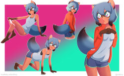 Rule 34 | 1girl, all fours, animal ears, arm support, barefoot, blue hair, bra, brand new animal, breasts, domino mask, erdfurry, eyebrows hidden by hair, fang, from behind, furry, gradient background, gradient eyes, hand on own chest, happy, jacket, kagemori michiru, looking at viewer, looking back, looking to the side, mask, multicolored eyes, panties, panties around leg, raccoon ears, raccoon tail, shirt, short hair, short shorts, shorts, simple background, sitting, small breasts, smile, standing, tail, tanuki, thighs, underwear