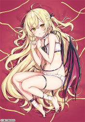 Rule 34 | 1girl, ahoge, ankle strap, bare arms, bare shoulders, barefoot, black ribbon, blonde hair, bra, choker, demon wings, groin, hair ornament, komeshiro kasu, long hair, looking at viewer, lying, melonbooks, nail polish, navel, on side, original, panties, parted lips, pointy ears, ribbon, solo, stomach, thigh strap, thighs, toenail polish, toenails, two side up, underwear, underwear only, very long hair, white bra, white panties, wings, wristband, yellow eyes